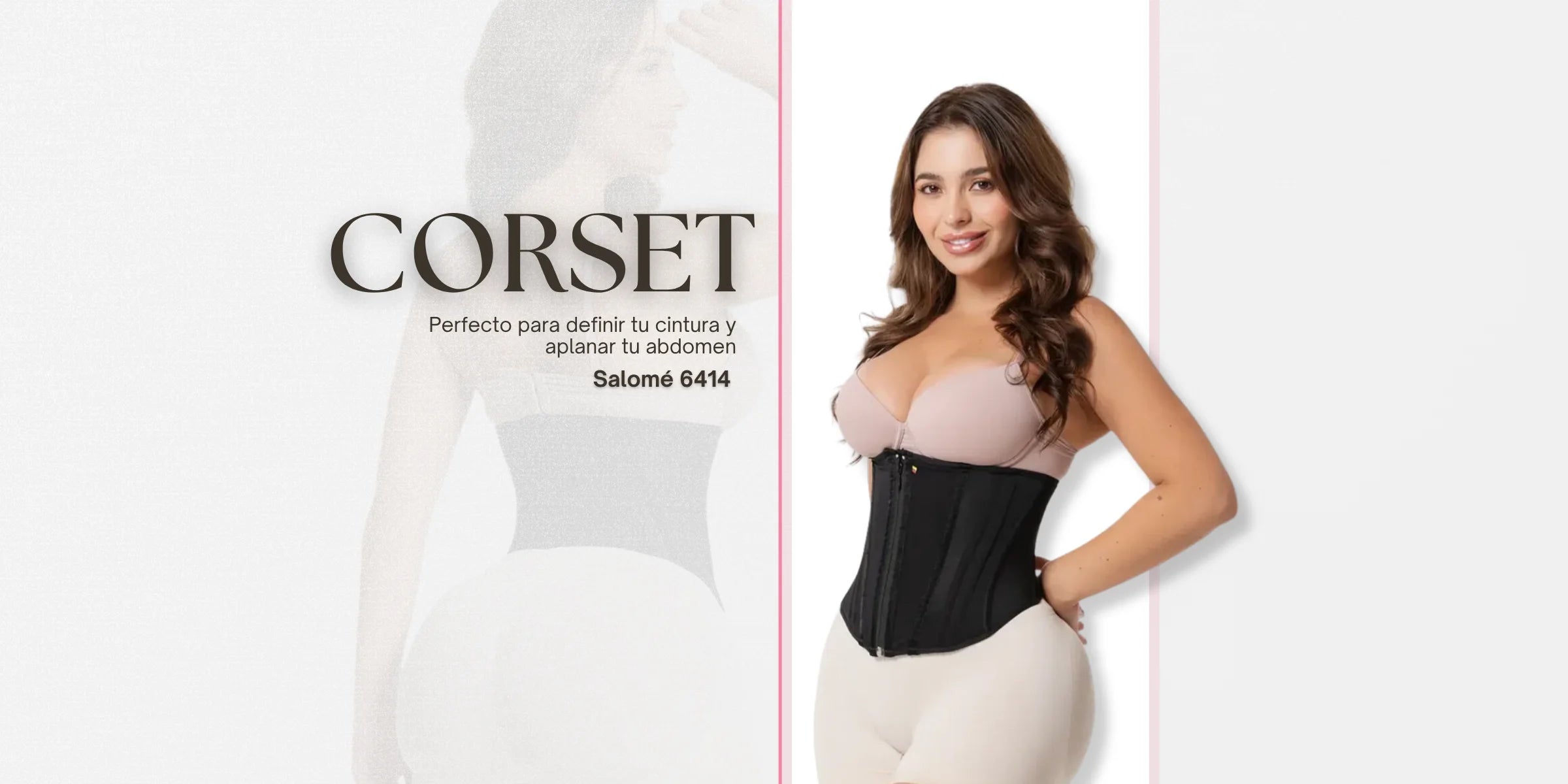 Mujer modela la cinturilla reloj de arena negra Salomé 6414 para definir cintura y abdomen