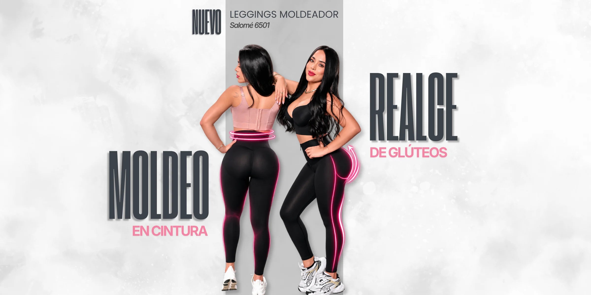 Dos mujeres modelan el legging Salomé 6501 con realce de glúteos y moldeo de cintura